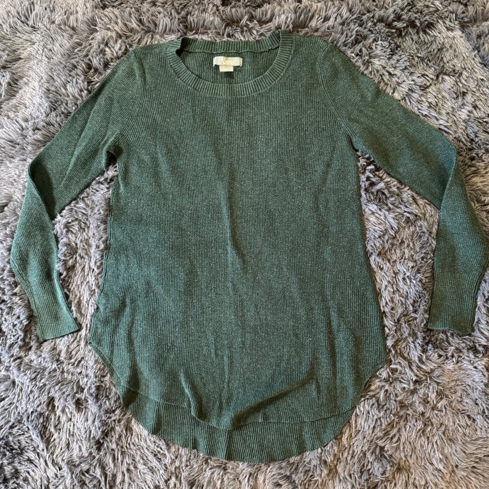 Natural Reflections Womens Ribbed Knit Sweater Medium Green Cotton Blend Hem